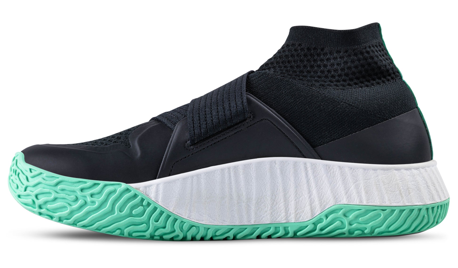 The medial view of the right shoe of the black/white colorway of The One.