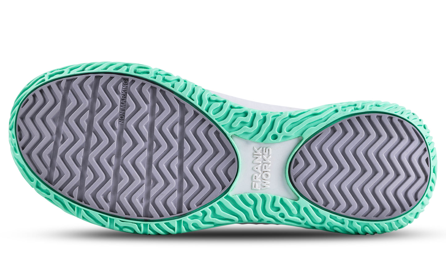 The outsole of the right shoe of the black/white colorway of The One.