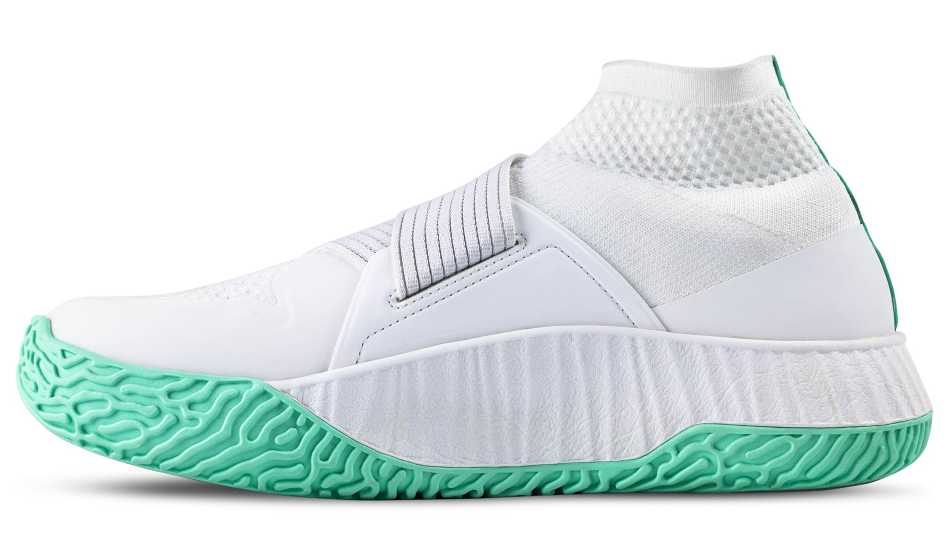 The medial view of the right shoe of the white/white colorway of The One.