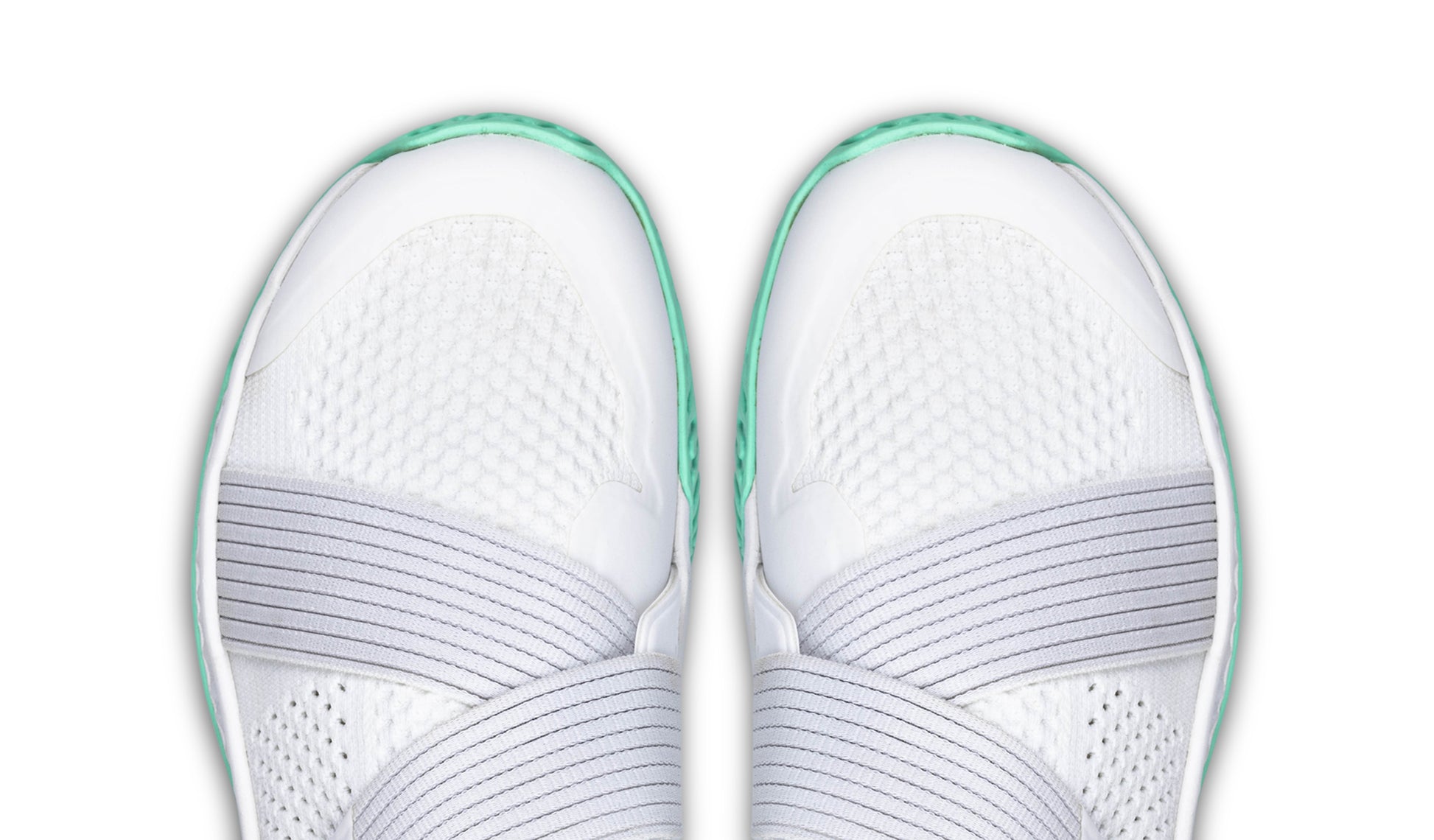 The toe-down view of a pair of the white colorway of The One.