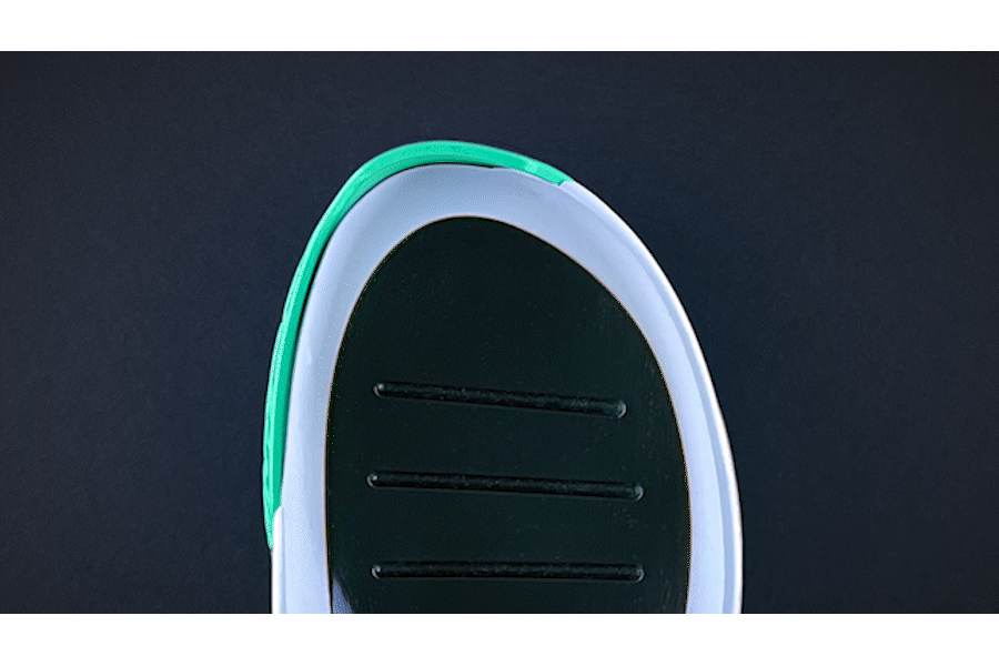 A gif of the right shoes sole unit of The One, with no upper on it as a bare right foot appears on the sole.